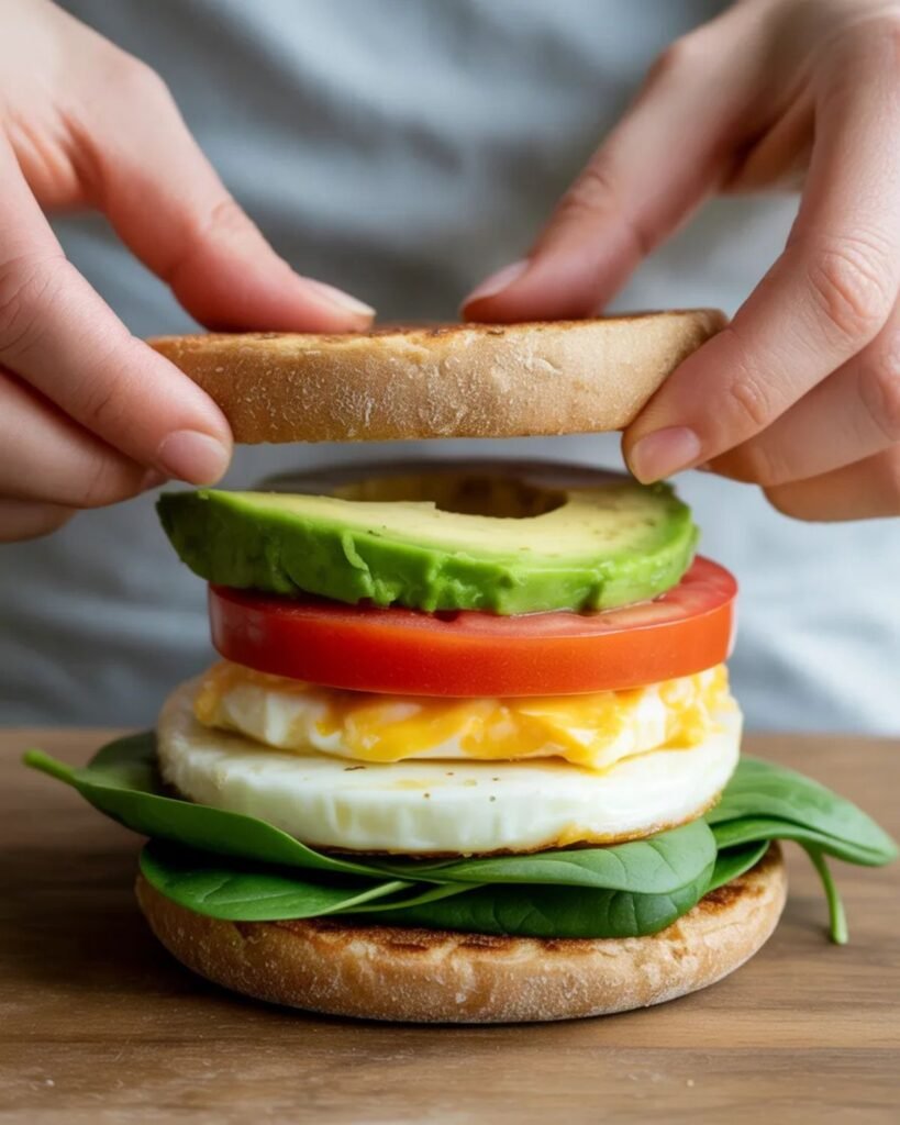 Assembling healthy breakfast sandwich with egg cheese and spinach