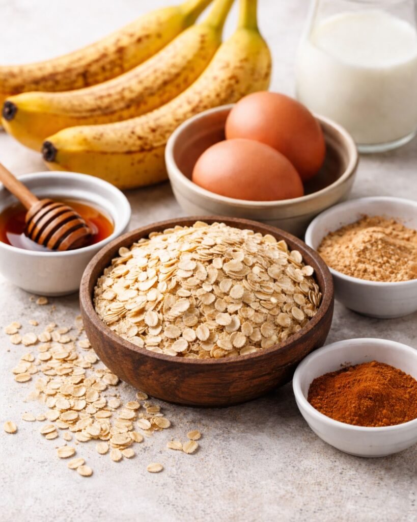 Ingredients for healthy banana oatmeal pancakes including ripe bananas, oats, eggs, and cinnamon
