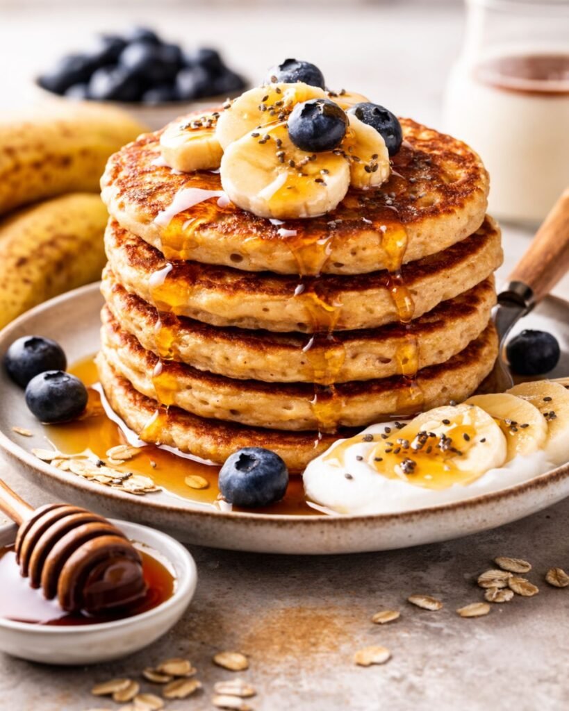 Healthy banana oatmeal pancakes served with banana slices, blueberries, and maple syrup