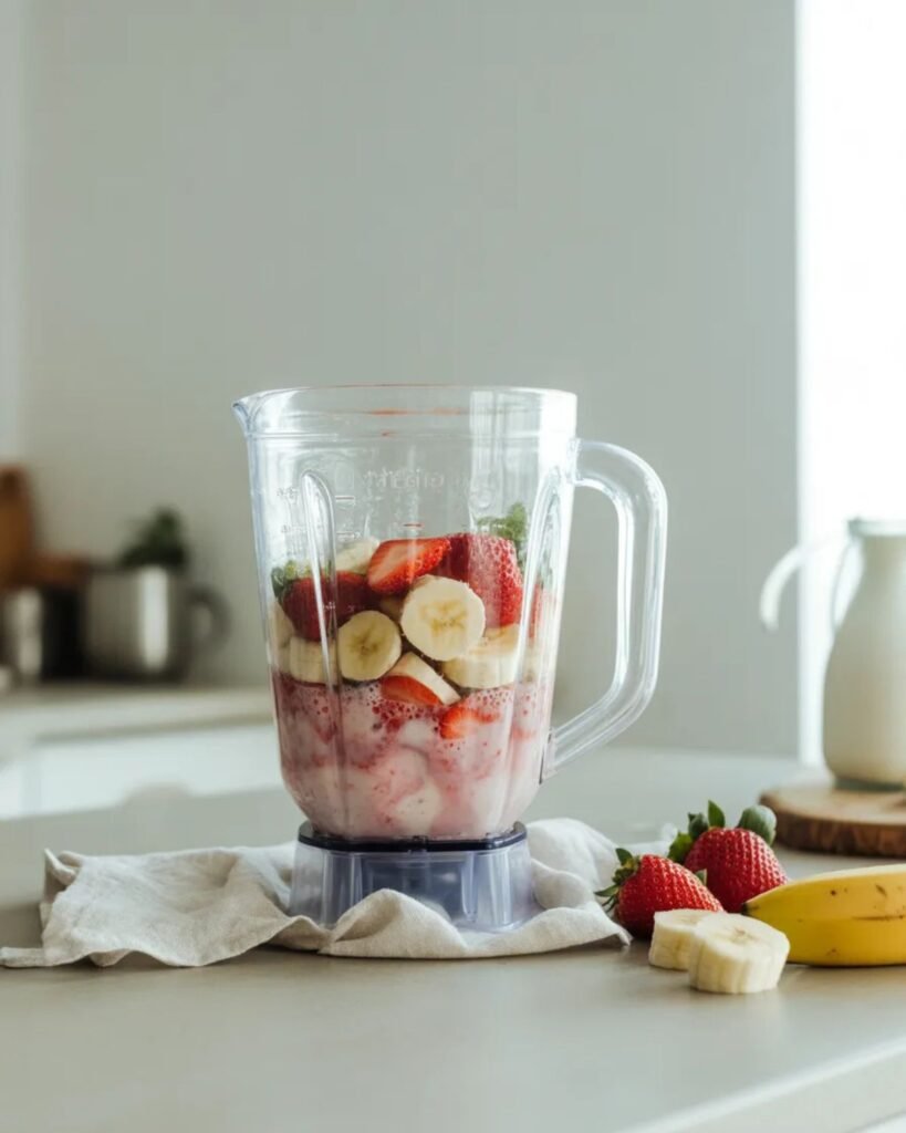 Blending strawberry banana smoothie in a kitchen blender