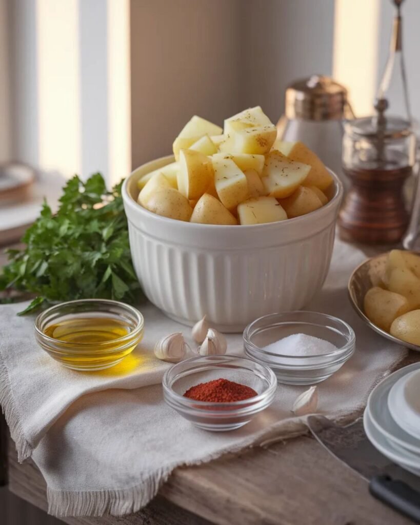 Ingredients for crispy breakfast potatoes including diced potatoes, olive oil, garlic powder and paprika