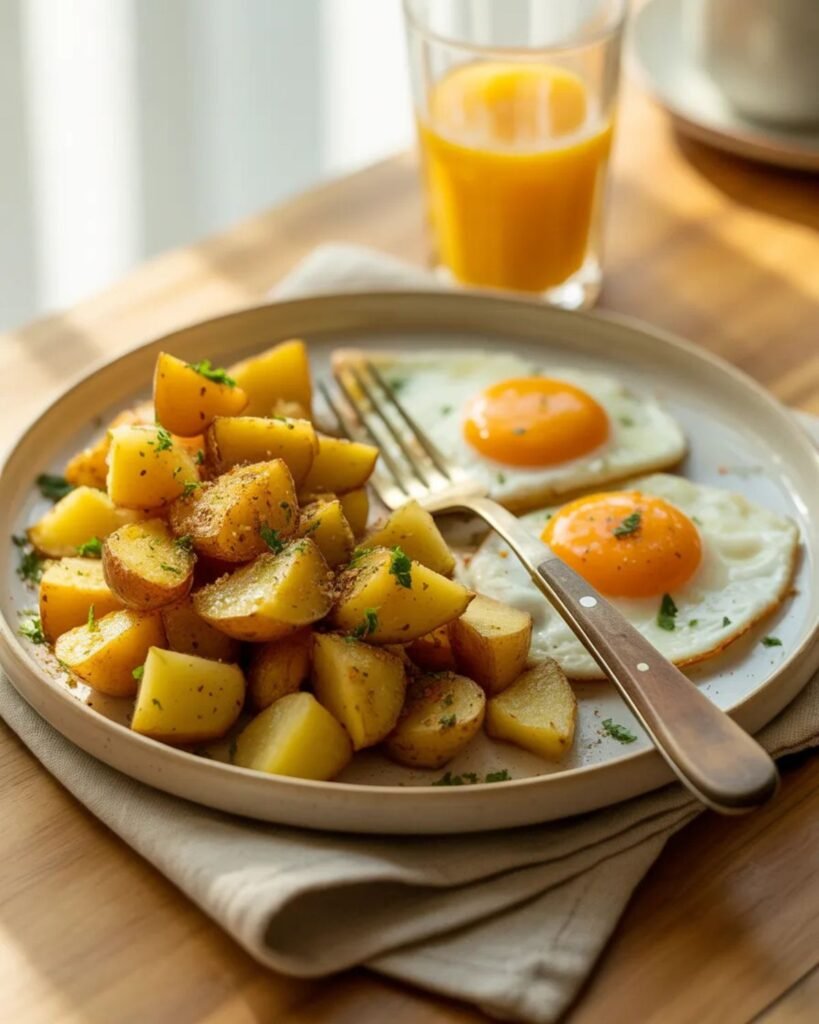 Crispy breakfast potatoes served with sunny side up eggs on a ceramic plate