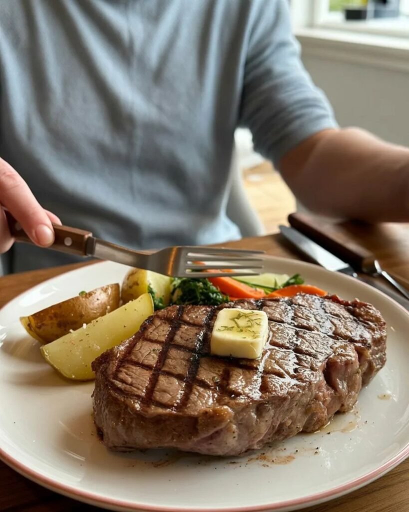 Grilled steak served on a plate with roasted potatoes and vegetables