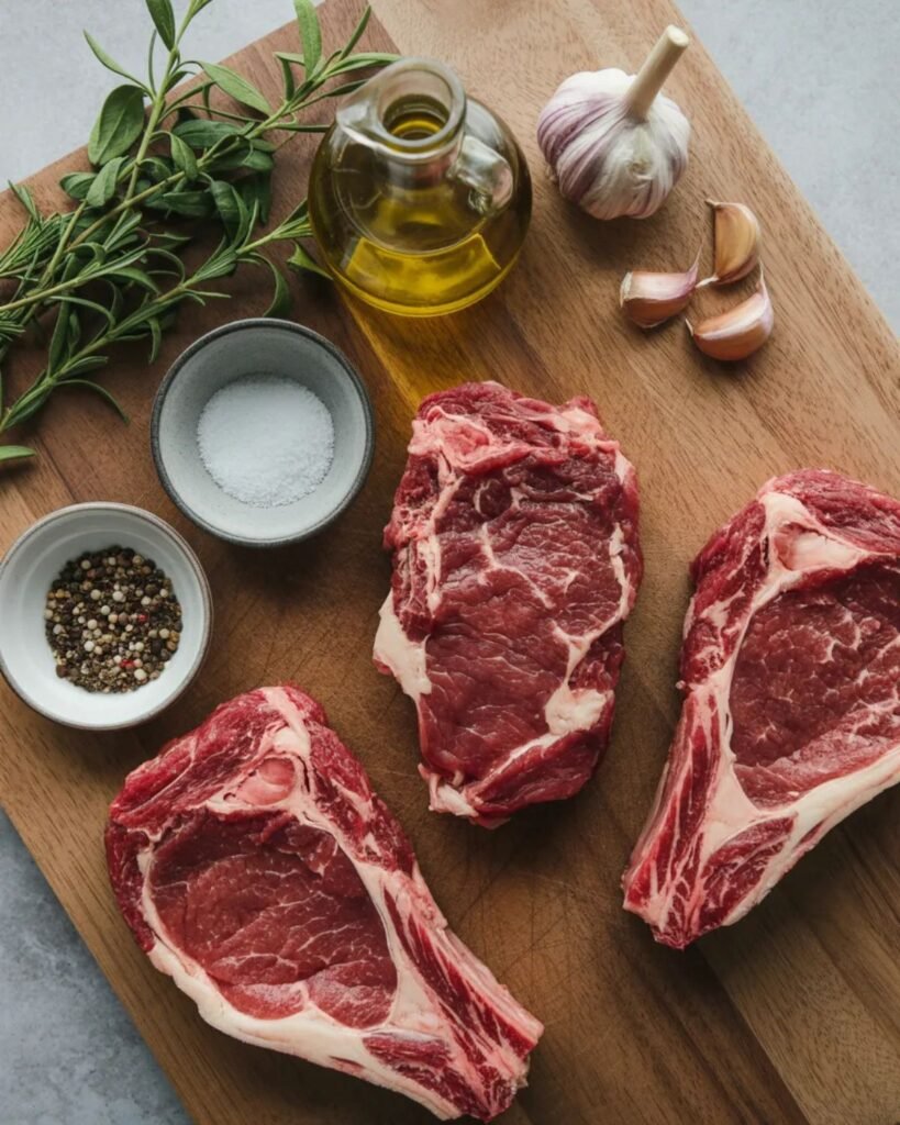 Ingredients for grilled steak including ribeye steak, salt, pepper, garlic, and olive oil