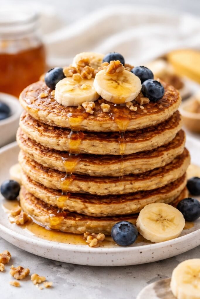 Healthy banana oatmeal pancakes topped with banana slices and maple syrup