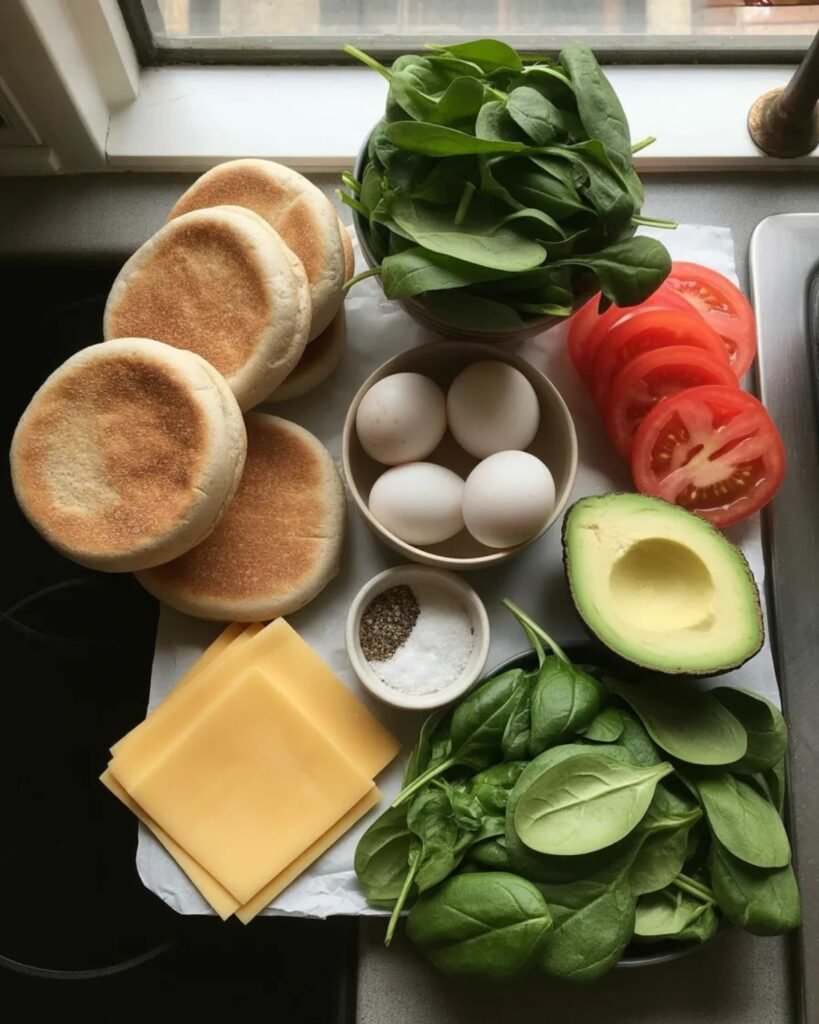 Ingredients for healthy breakfast sandwich including eggs whole grain bread and spinach
