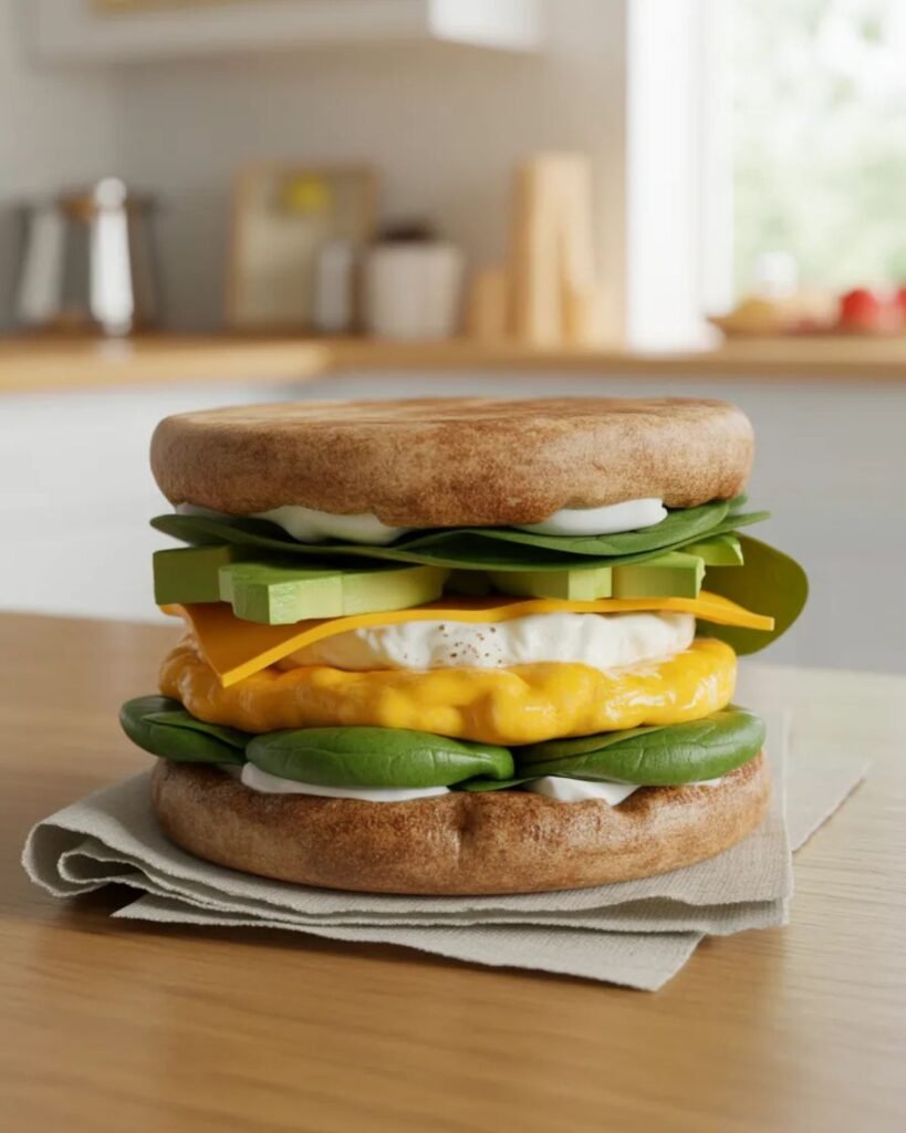 Healthy breakfast sandwich with egg cheese and spinach on whole grain English muffin