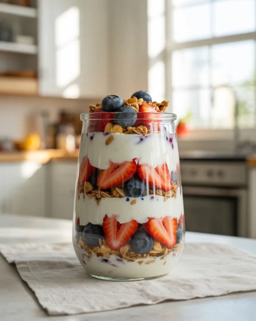 High protein Greek yogurt parfait layered with strawberries, blueberries and granola in a clear glass jar