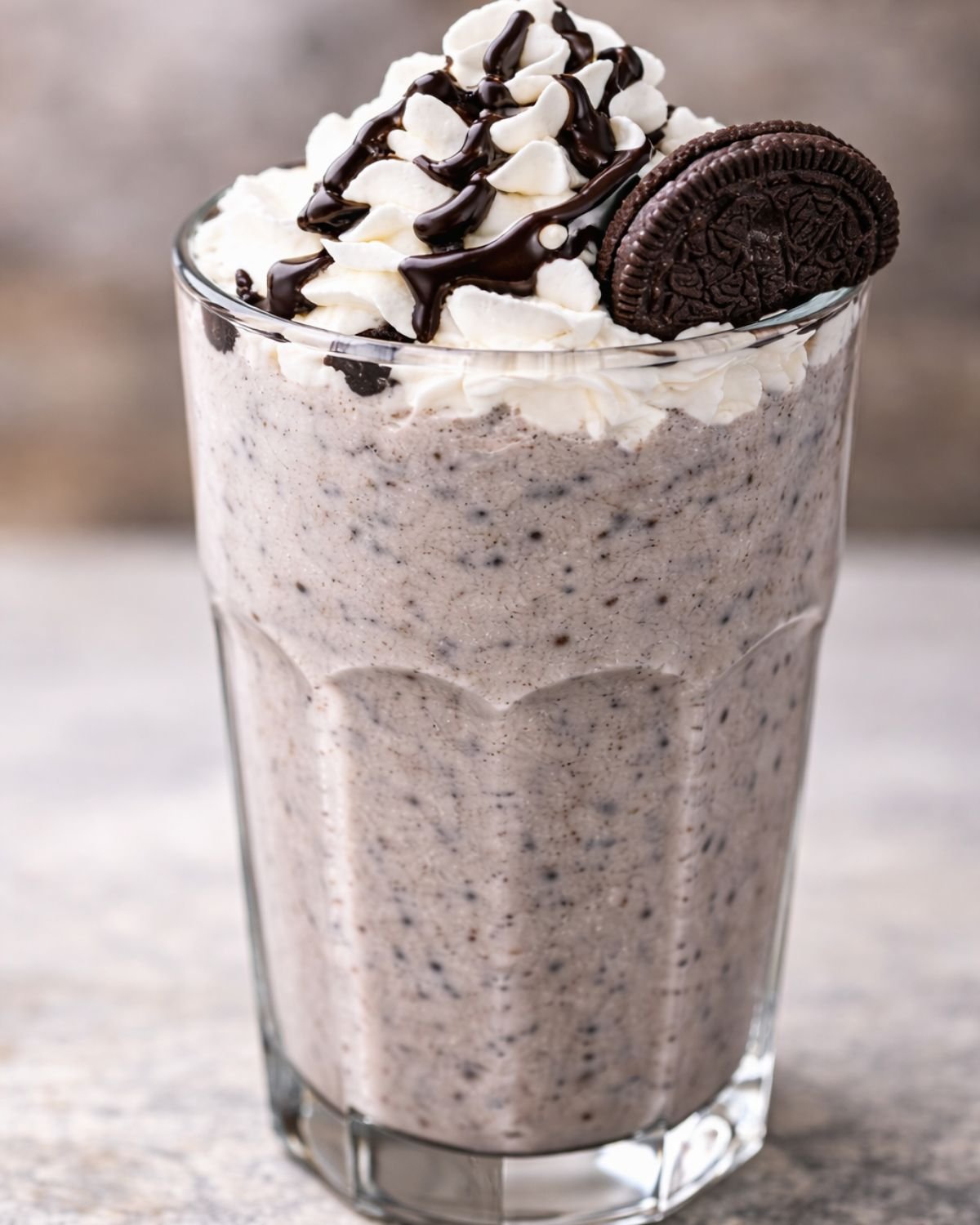Thick homemade Oreo milkshake topped with whipped cream and chocolate syrup