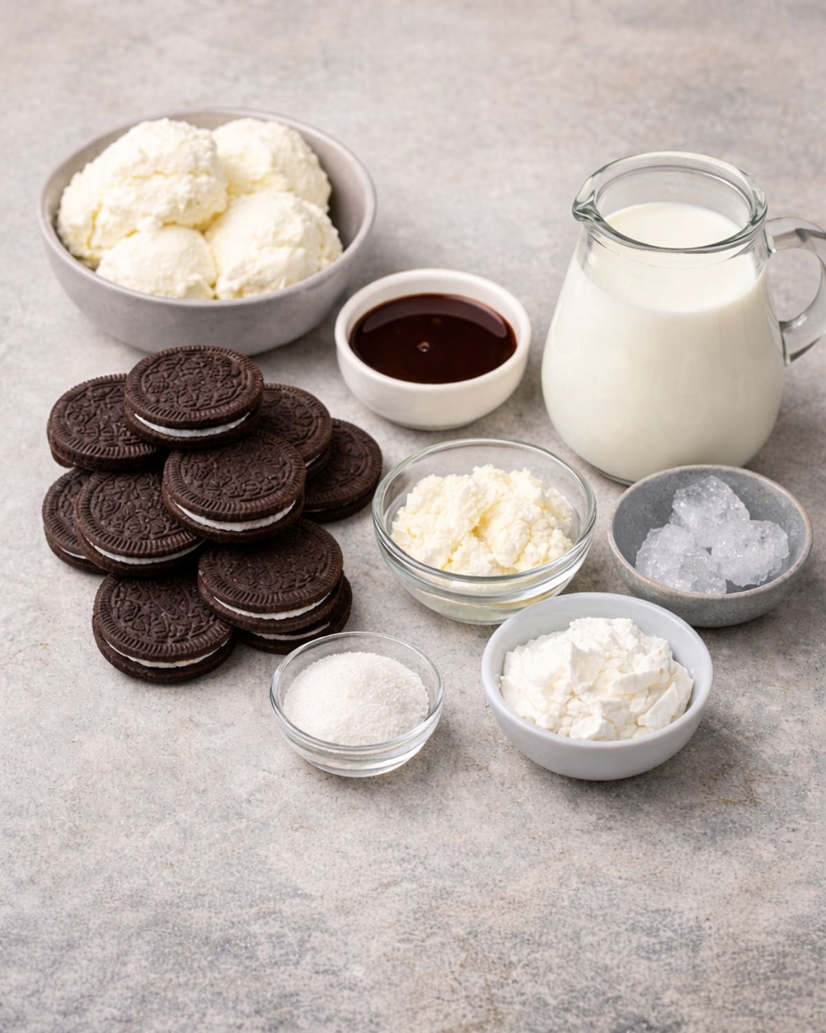 Ingredients for homemade Oreo milkshake including vanilla ice cream, milk, and Oreo cookies