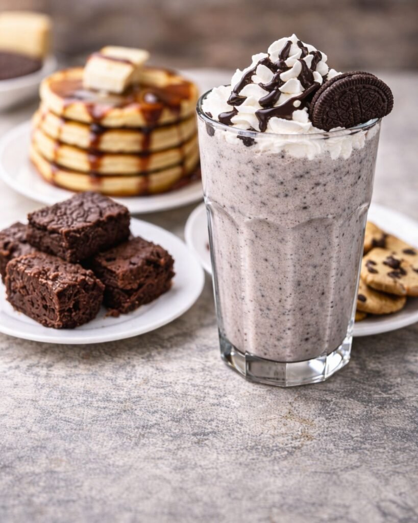 Oreo milkshake served with brownies and pancakes on dessert table