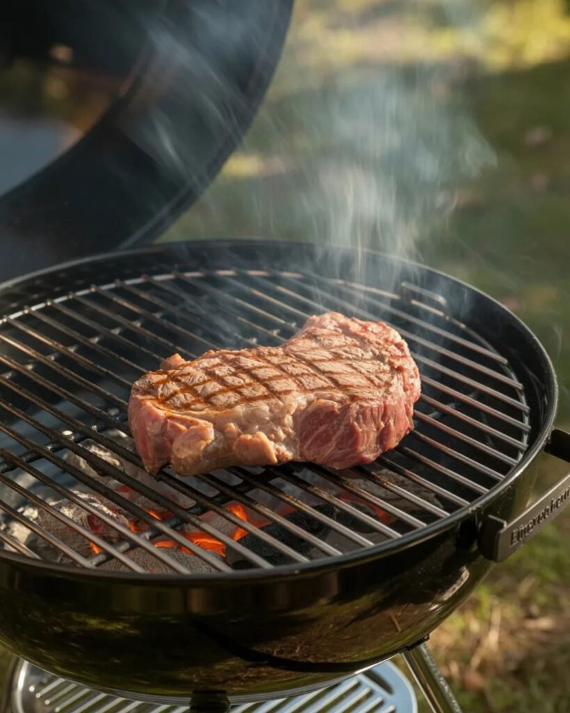 Steak cooking on a hot grill with visible grill marks and smoke