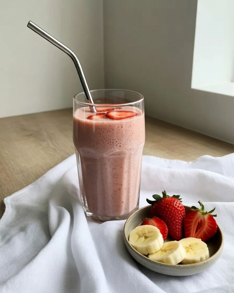 Strawberry banana smoothie served with fresh strawberries on side