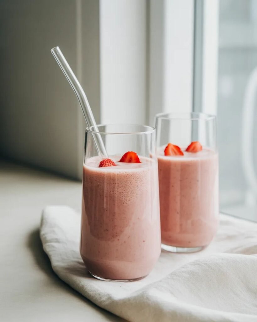 Strawberry banana smoothie in a clear glass with fresh fruit