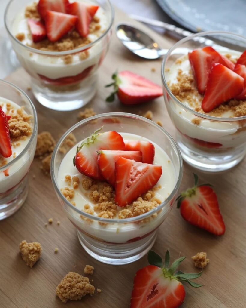 strawberry cheesecake cups with creamy layers and fresh strawberry topping