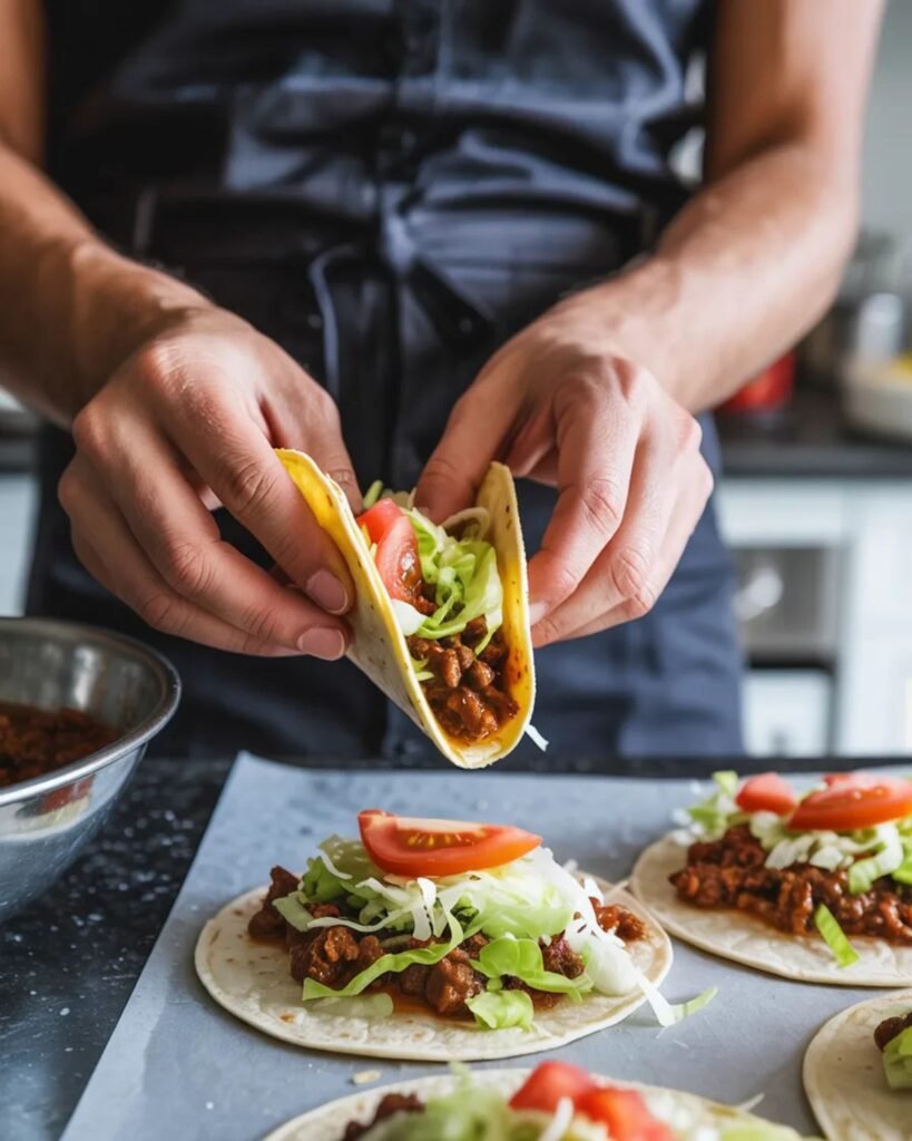 Hands assembling homemade ground beef tacos with fresh toppings
