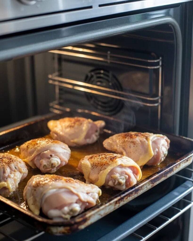 Chicken thighs roasting in oven until crispy