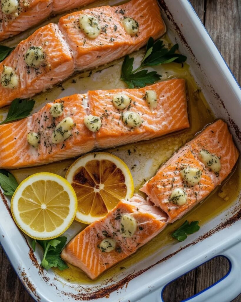 baked lemon garlic salmon with butter and fresh lemon slices