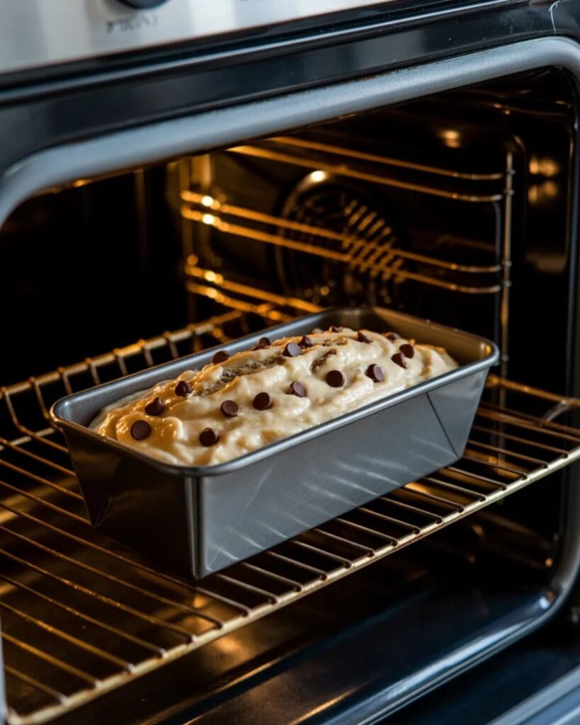 banana bread baking in loaf pan in oven