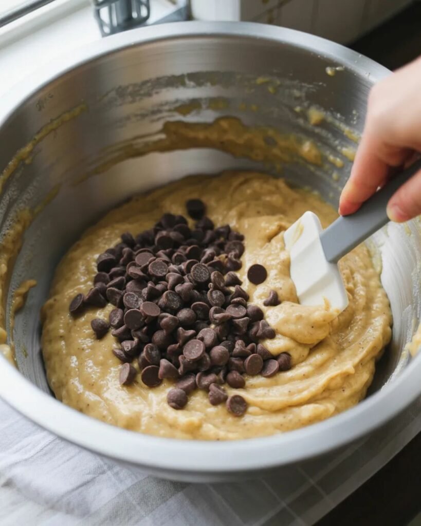 mixing chocolate chip banana bread batter in bowl