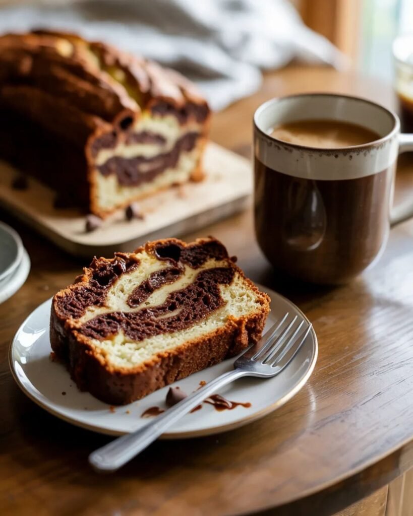 slice of chocolate chip banana bread served with coffee