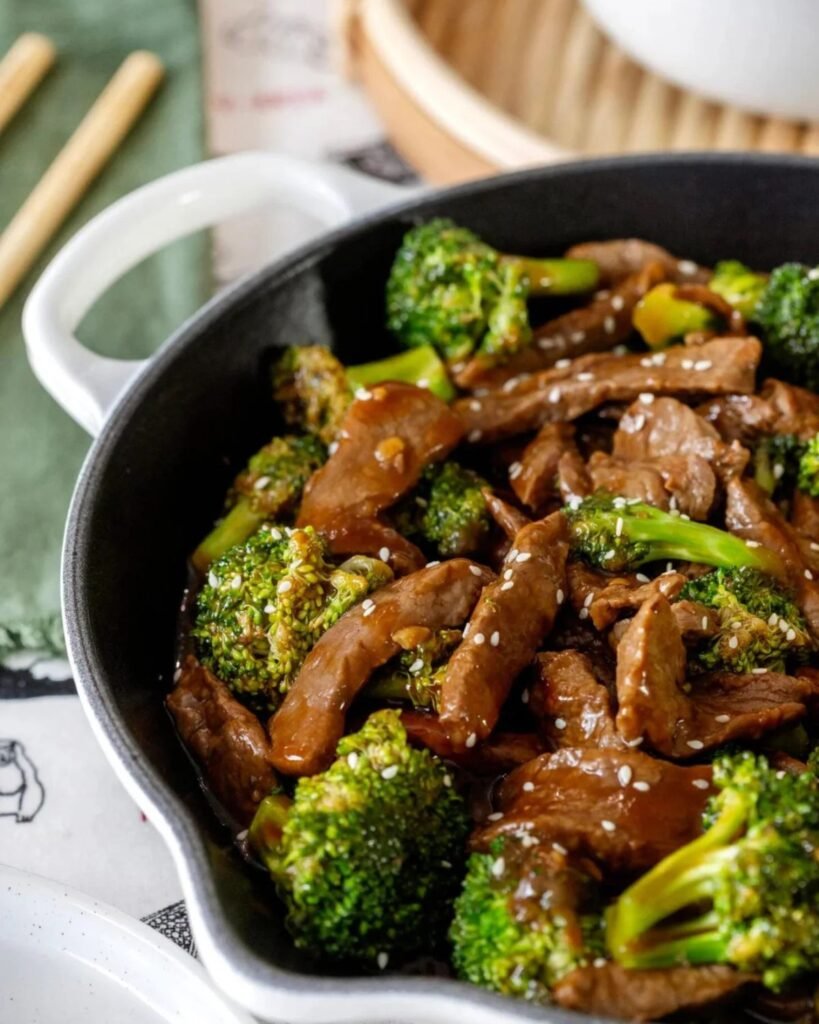 Beef and broccoli stir fry with tender beef slices and broccoli in garlic soy sauce