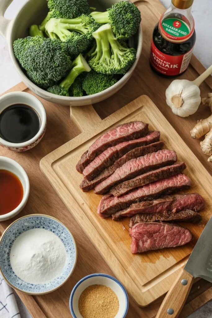 Ingredients for beef and broccoli stir fry recipe including beef broccoli garlic and soy sauce