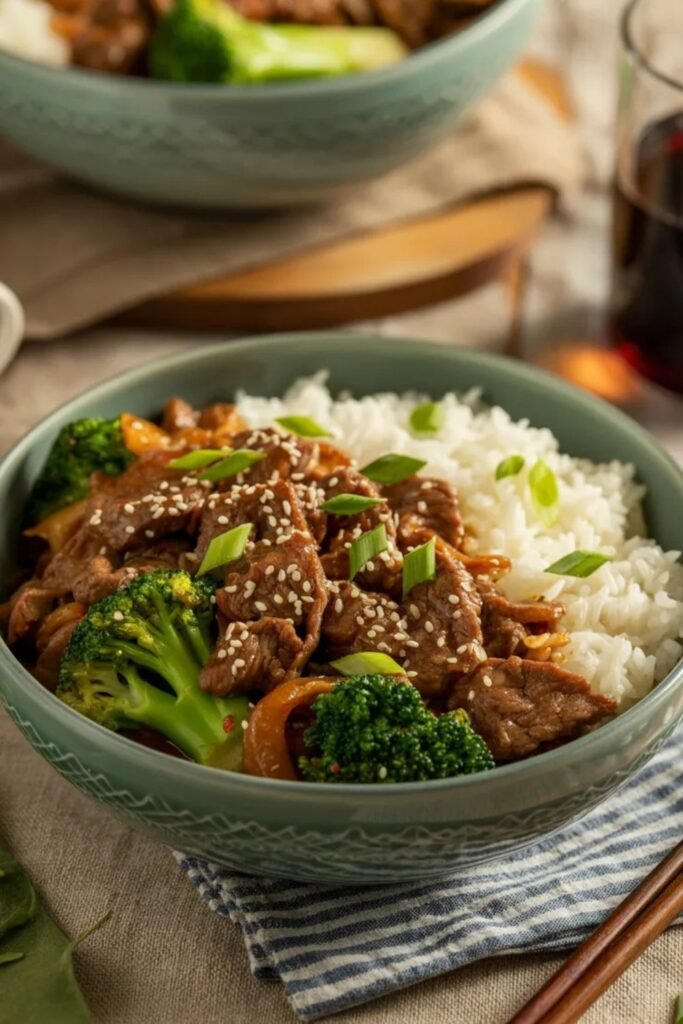 Beef and broccoli stir fry served with rice and sesame seeds