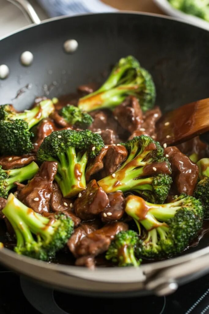 Beef and broccoli stir fry coated in savory garlic soy sauce