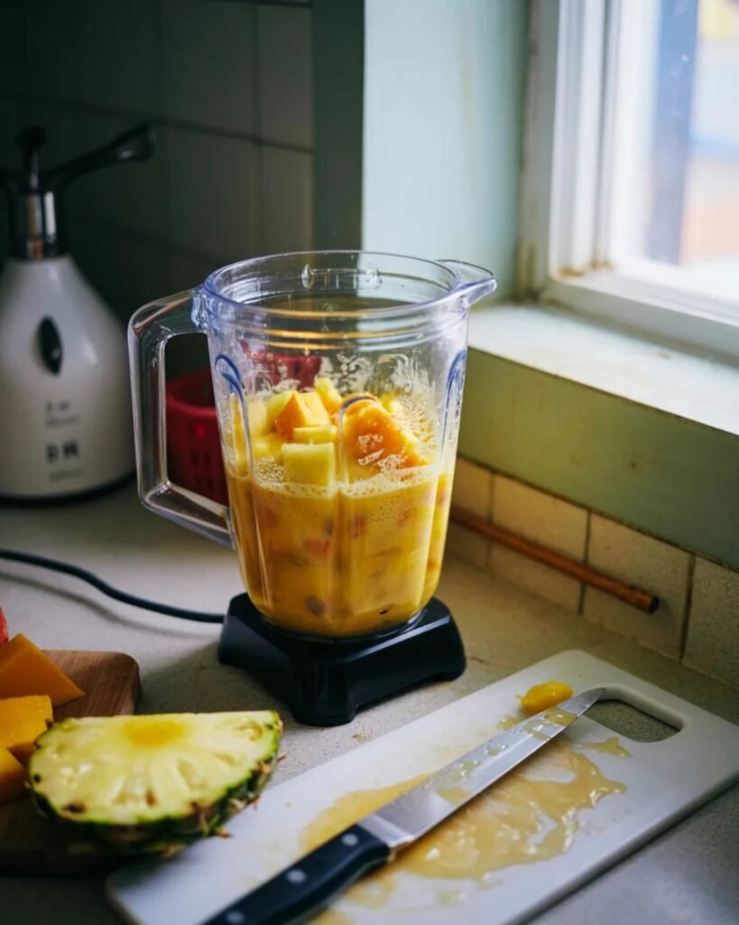 mango and pineapple smoothie blending in blender