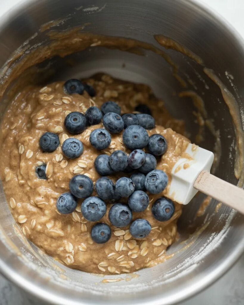 mixing blueberry oatmeal muffin batter with oats and blueberries