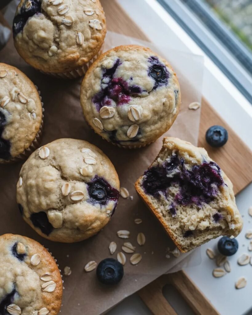 blueberry oatmeal muffins on wooden board with soft moist texture