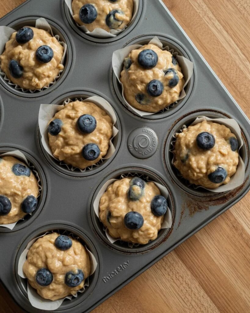 blueberry oatmeal muffin batter in muffin tray before baking