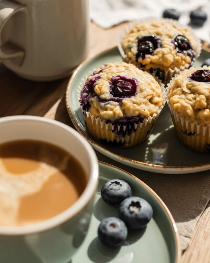 blueberry oatmeal muffins served on plate with coffee and fresh blueberries