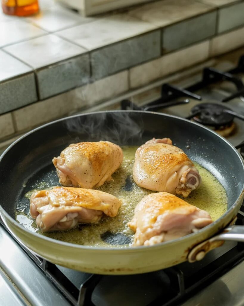 Chicken thighs browning in a skillet with butter and garlic for garlic butter chicken and rice