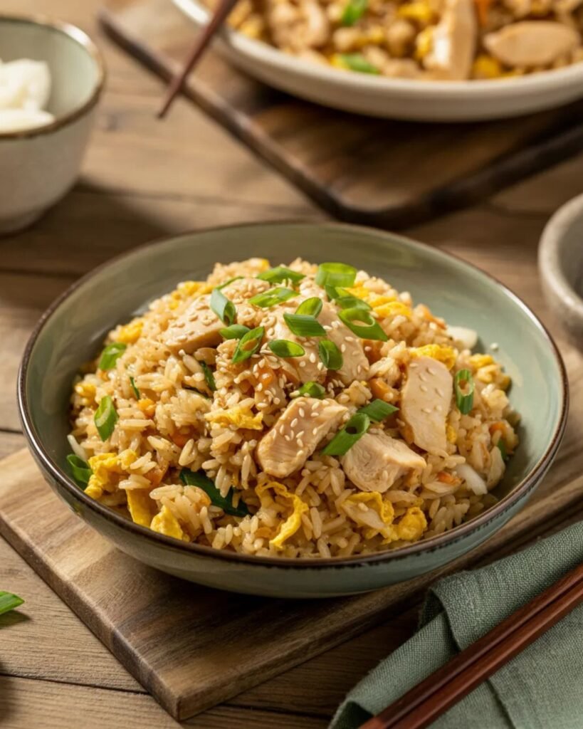 Chicken fried rice served in a bowl with vegetables and green onions