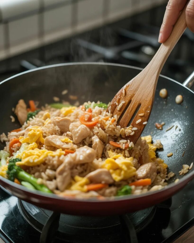 Chicken fried rice cooking in a wok with vegetables and eggs