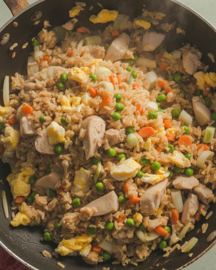 Chicken fried rice cooked in a wok with chicken, eggs, vegetables and green onions