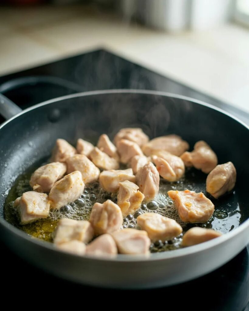 Chicken pieces browning in a skillet before adding honey garlic sauce