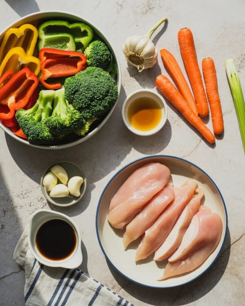 Ingredients for chicken stir fry including chicken breast, vegetables, garlic, and soy sauce