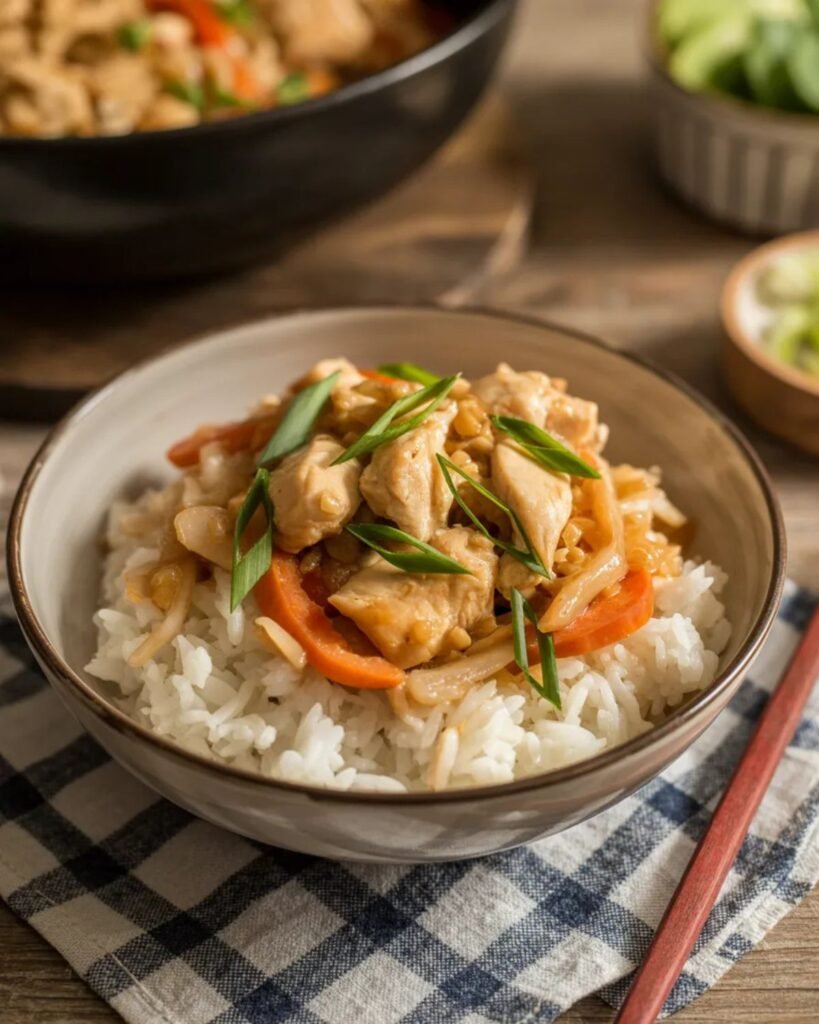 Chicken stir fry served over rice with vegetables and green onions