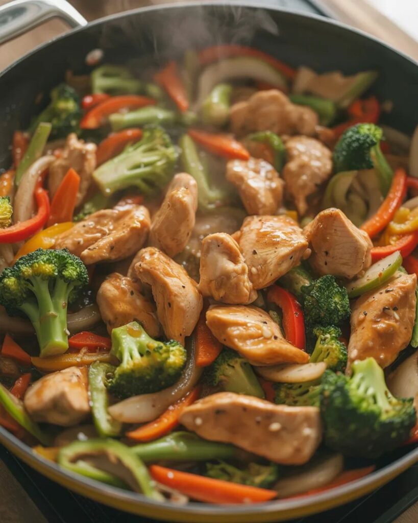 Chicken stir fry cooked in a wok with broccoli, bell peppers, and carrots