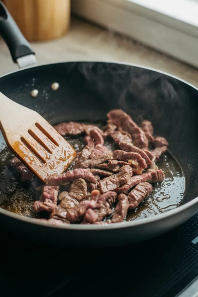 Thin sliced beef cooking in wok for beef and broccoli stir fry