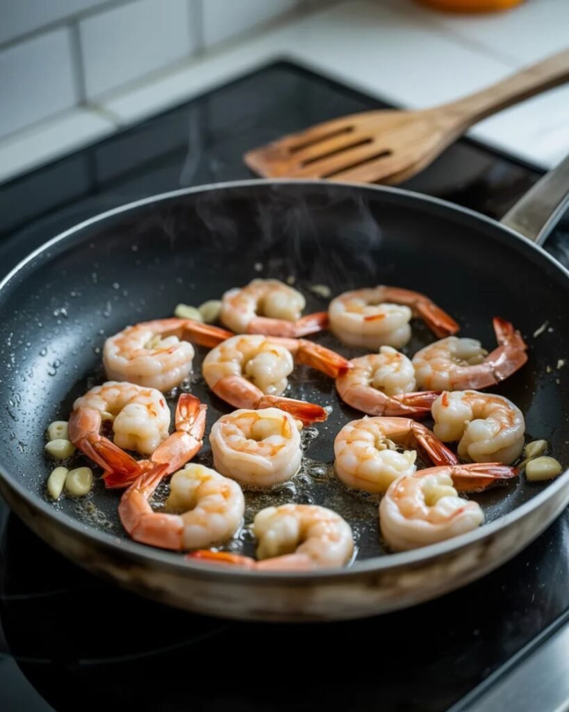 Shrimp cooking in skillet with butter and garlic