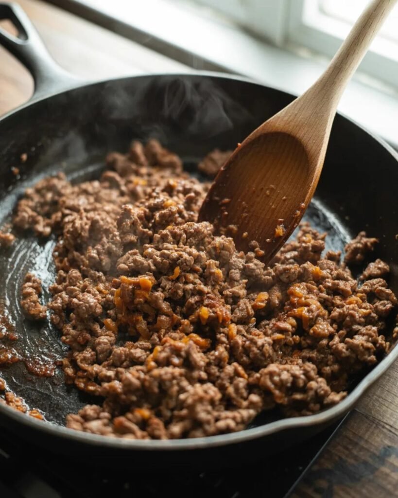 ground beef cooking in skillet for taco bowl recipe