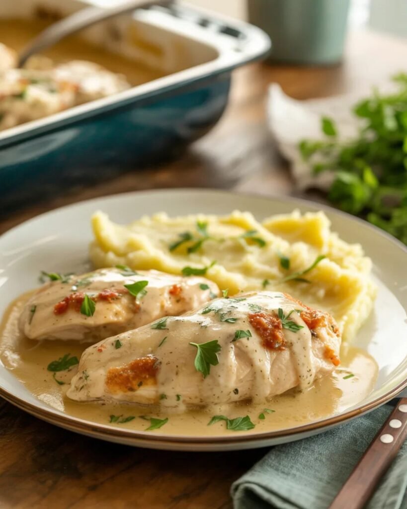 Creamy garlic chicken served with sauce and mashed potatoes