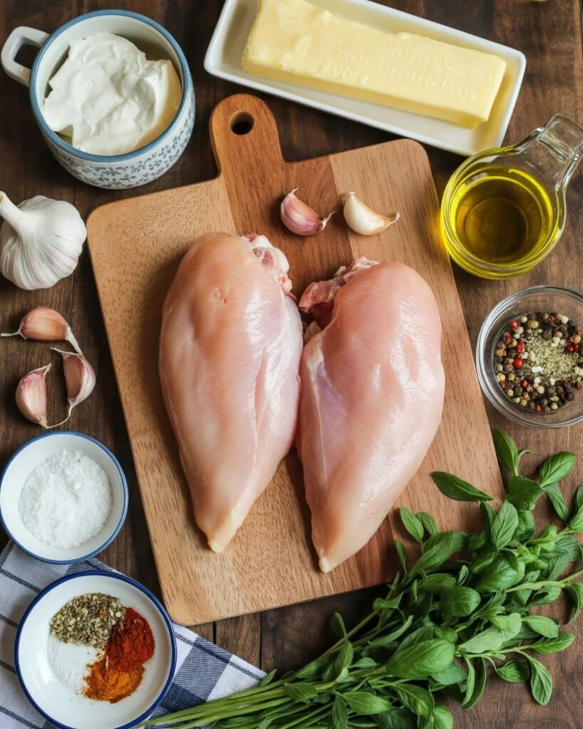 Ingredients for creamy garlic chicken including chicken garlic cream and parmesan
