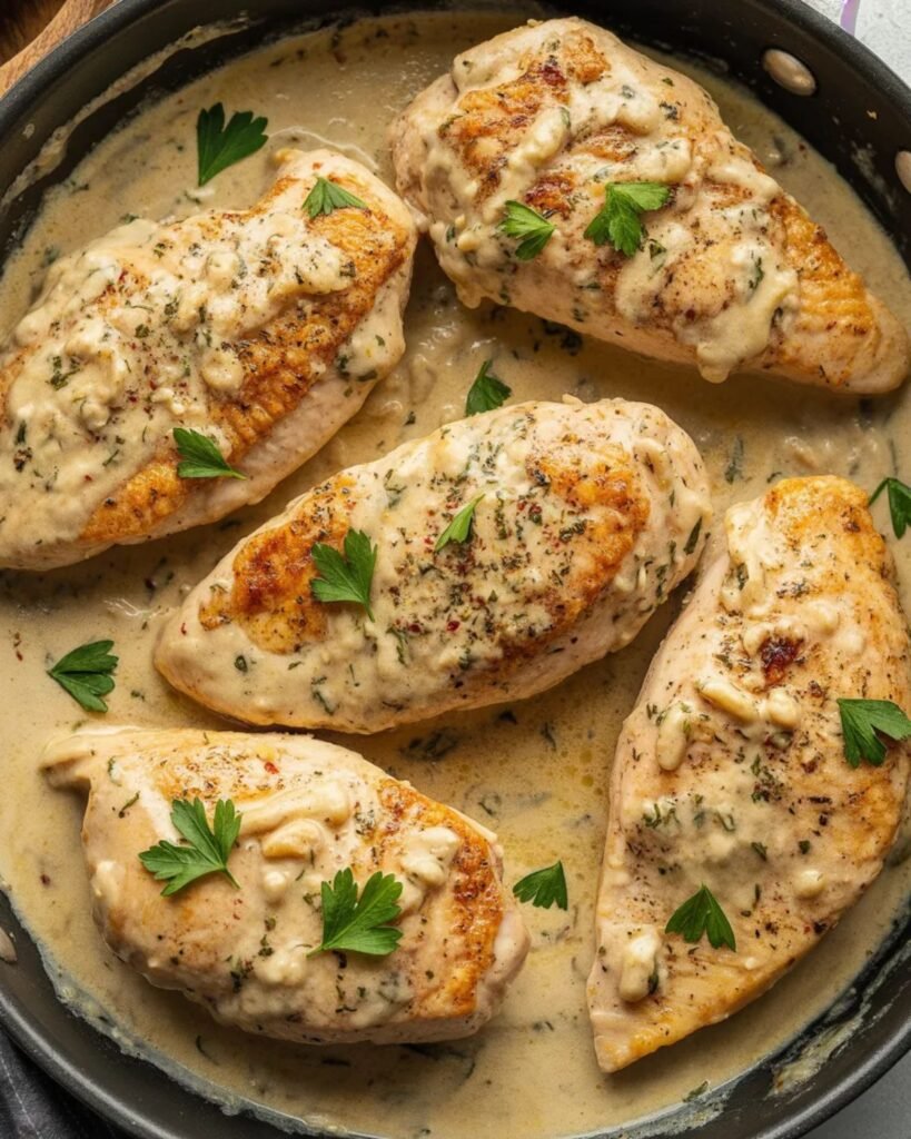 Creamy garlic chicken in a skillet with rich garlic cream sauce