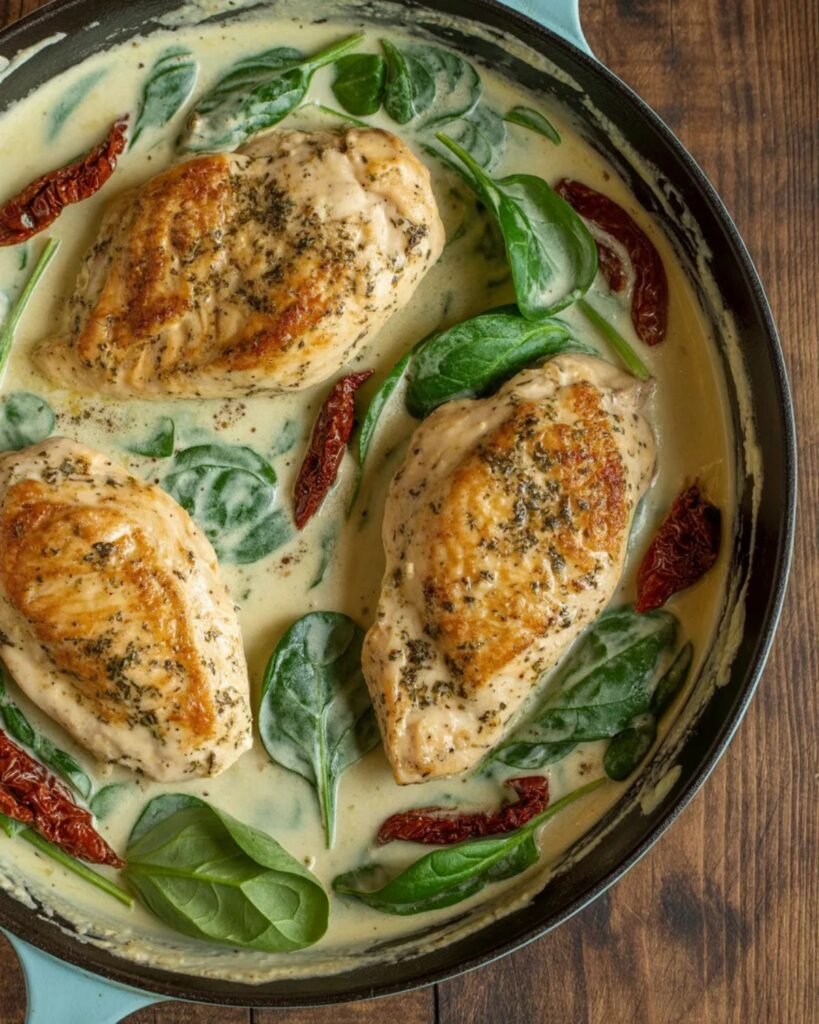 creamy tuscan chicken with spinach and sun dried tomatoes in skillet