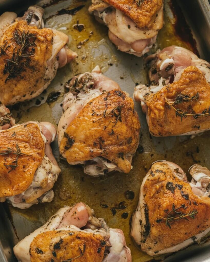 Crispy baked chicken thighs with golden skin in oven tray